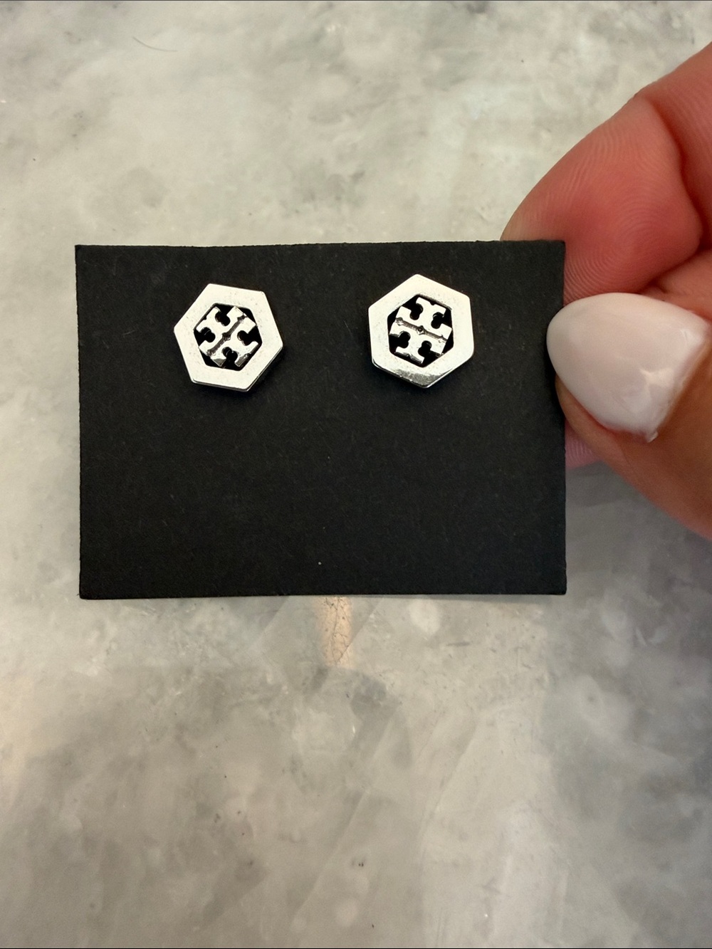 Tory Burch Silver Hexagon Logo Stud Earrings